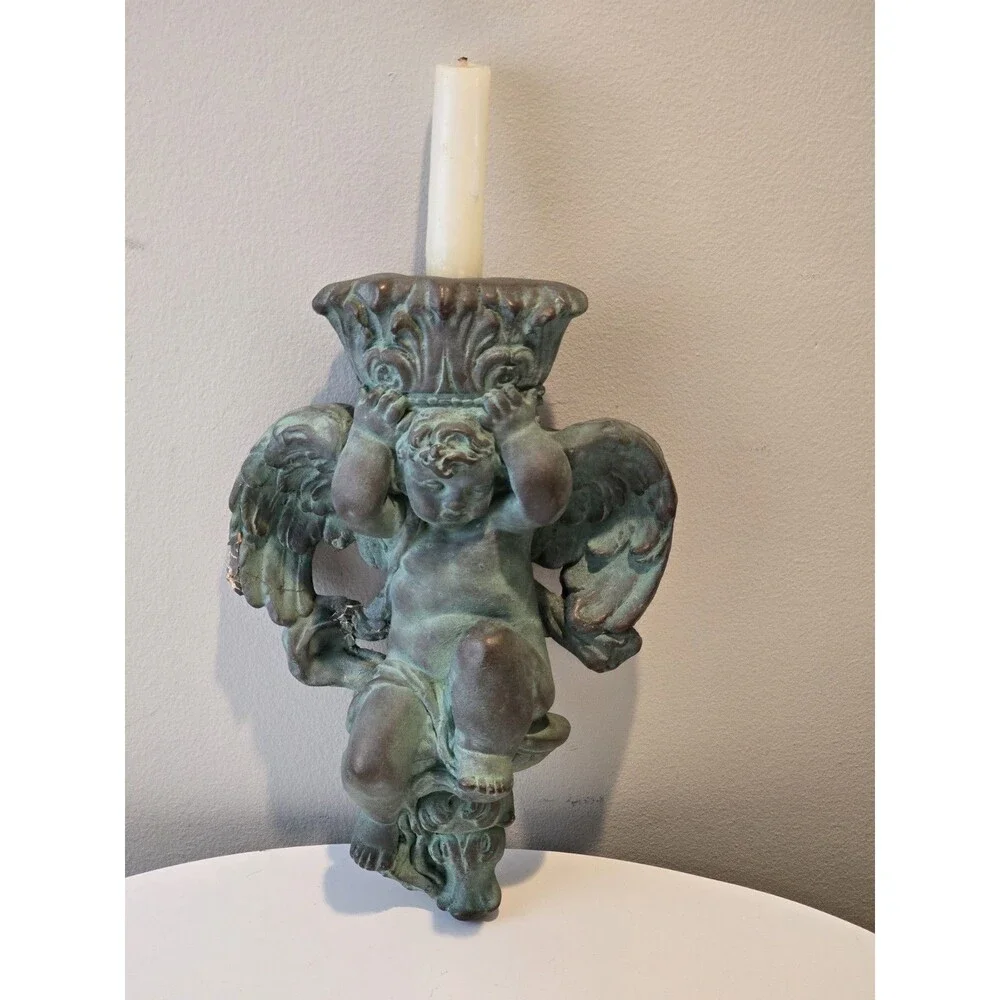 Antique Cherub Wall Sconce Candle Holder Chalkware Verdigris As-Is Repair